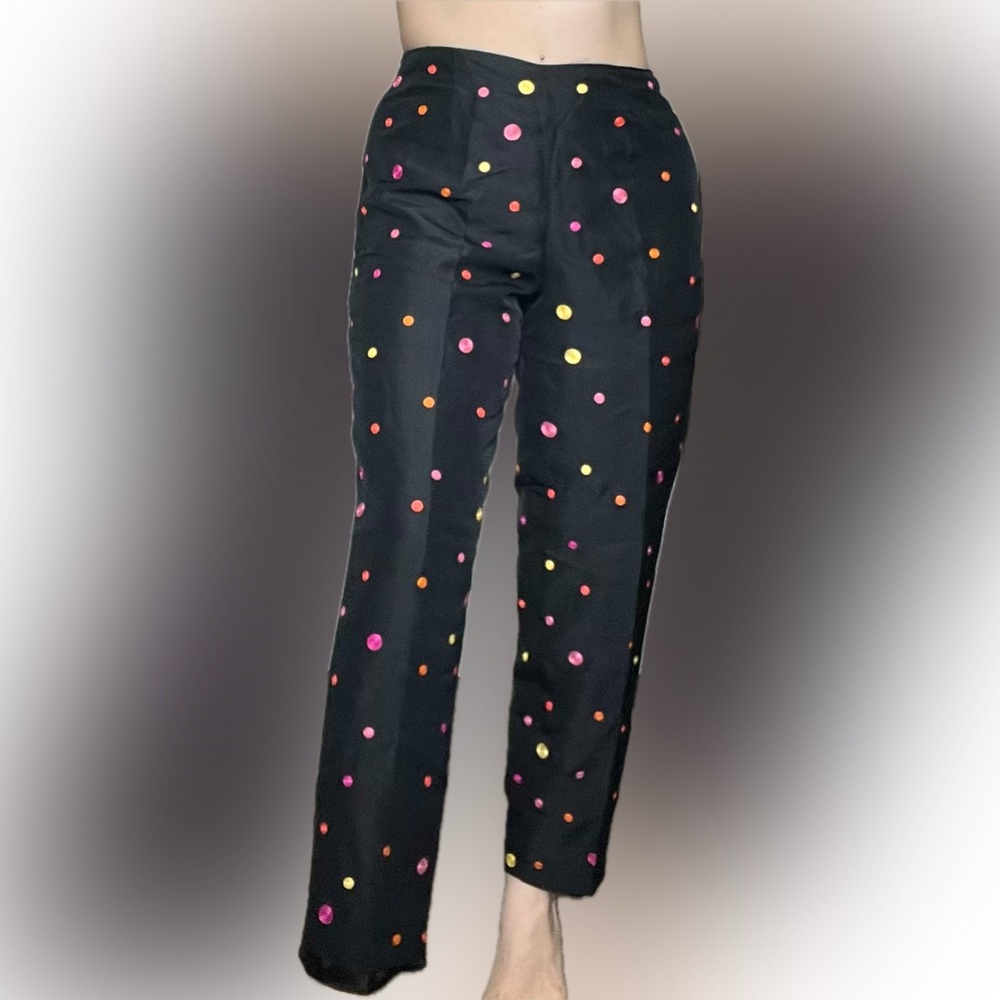 VINTAGE 100% Silk Multicolor Polka Dot Black Pants By S.L.B. Size 8. - Picture 2 of 14